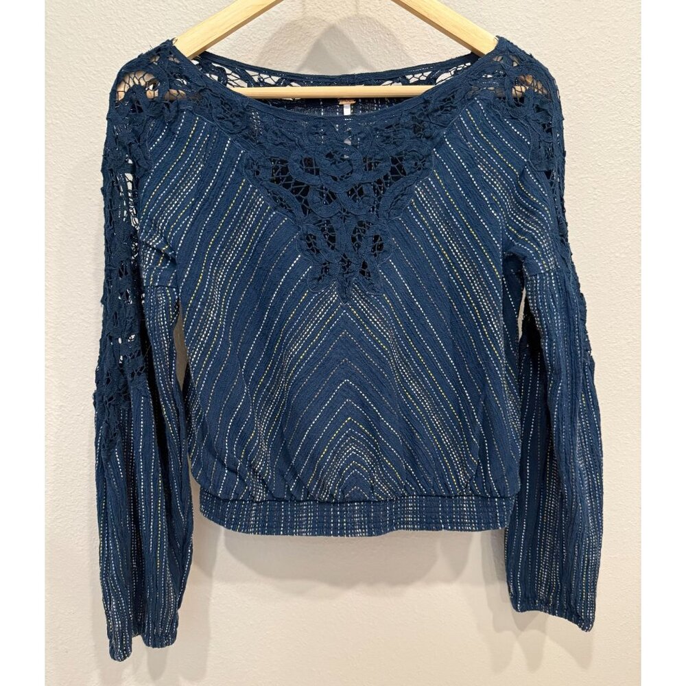 Free People Women's Banded Hem Long Sleeve Crochet Blouse Small Peasant Boho